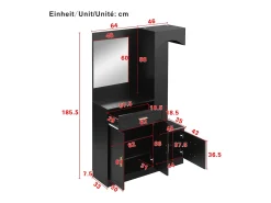 Conjunto de vestidor de entrada 110x33x185,5 cm - 3 puertas y 1 cajón - Mueble para zapatos y banco para calzado - con espejo - Negro