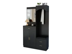 Conjunto de vestidor de entrada 110x33x185,5 cm - 3 puertas y 1 cajón - Mueble para zapatos y banco para calzado - con espejo - Negro