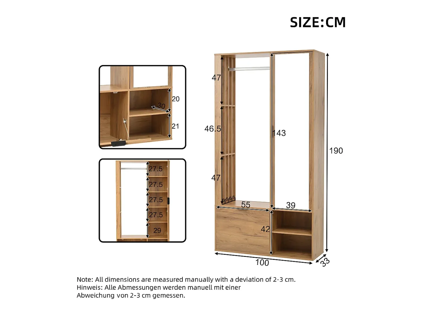 Conjunto de vestidor de entrada 100×33×190 cm - con zapatero - con espejo - 2 puertas - paneles de partículas - natural