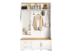 Conjunto de vestidor de entrada 120x40x187 cm - Espejo y ganchos - con LED - Mueble para zapatos - Blanco + Natural