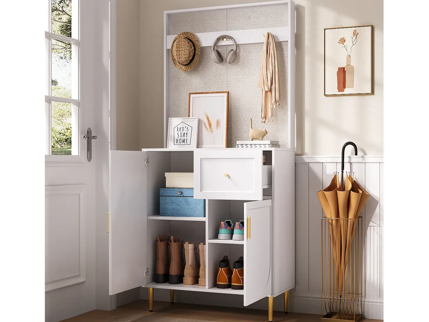Conjunto de vestidor de entrada 80x35x175.5 cm - 2 puertas y 1 cajón - con 3 ganchos - Estantes regulables - MDF - Blanco