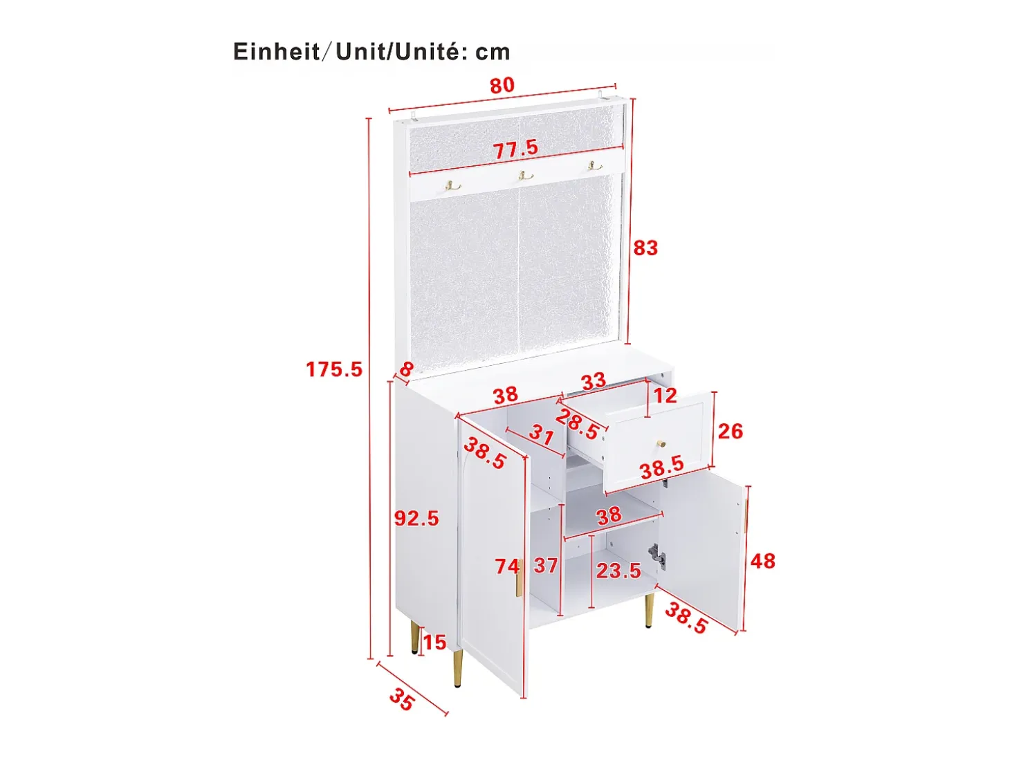 Conjunto de vestidor de entrada 80x35x175.5 cm - 2 puertas y 1 cajón - con 3 ganchos - Estantes regulables - MDF - Blanco
