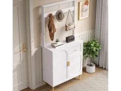 Conjunto de vestidor de entrada 80x35x175.5 cm - 2 puertas y 1 cajón - con 3 ganchos - Estantes regulables - MDF - Blanco