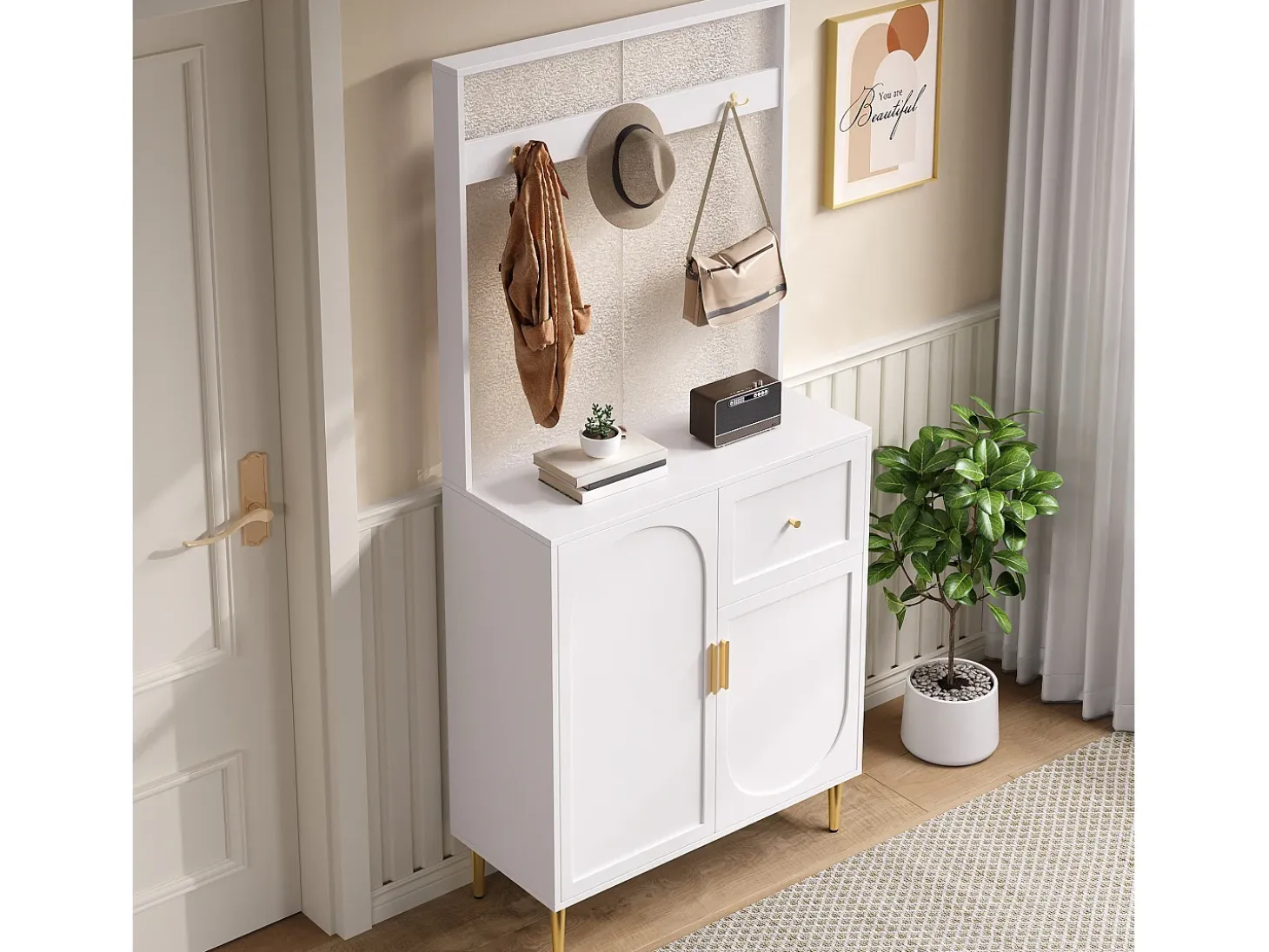 Conjunto de vestidor de entrada 80x35x175.5 cm - 2 puertas y 1 cajón - con 3 ganchos - Estantes regulables - MDF - Blanco