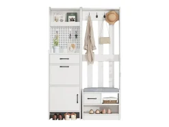 Conjunto de vestidor de entrada 110x35x175.5 cm - Mueble para zapatos y banco de zapatos - ganchos y panel perforado - Blanco