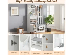 Conjunto de vestidor de entrada 110x35x175.5 cm - Mueble para zapatos y banco de zapatos - ganchos y panel perforado - Blanco
