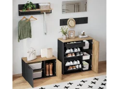 Conjunto de vestidor de entrada - 2 muebles para zapatos - barra para ropa y 4 ganchos - Espejo - Natural + Negro
