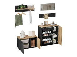 Conjunto de vestidor de entrada - 2 muebles para zapatos - barra para ropa y 4 ganchos - Espejo - Natural + Negro
