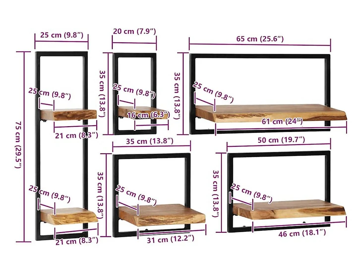 Conjunto estantes pared 5 piezas madera maciza acacia y acero