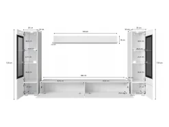 Conjunto moderno de muebles de salón 4 piezas, mueble TV 180 cm, 2 vitrinas y estante, cuerpo hormigón mate, frentes blanco brillo, de pie o colgante