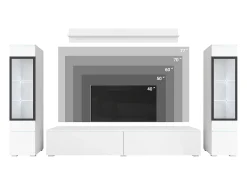 Conjunto moderno de muebles de salón 4 piezas, mueble TV 180 cm, 2 vitrinas y estante, cuerpo hormigón mate, frentes blanco brillo, de pie o colgante