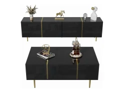Conjunto moderno mueble TV y mesa de centro - 170 x 35 x 46 cm + 100 x 60 x 41,5 cm - Madera MDF y patas doradas - Negro brillante