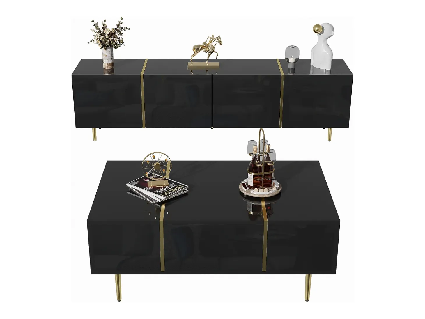 Conjunto moderno mueble TV y mesa de centro - 170 x 35 x 46 cm + 100 x 60 x 41,5 cm - Madera MDF y patas doradas - Negro brillante