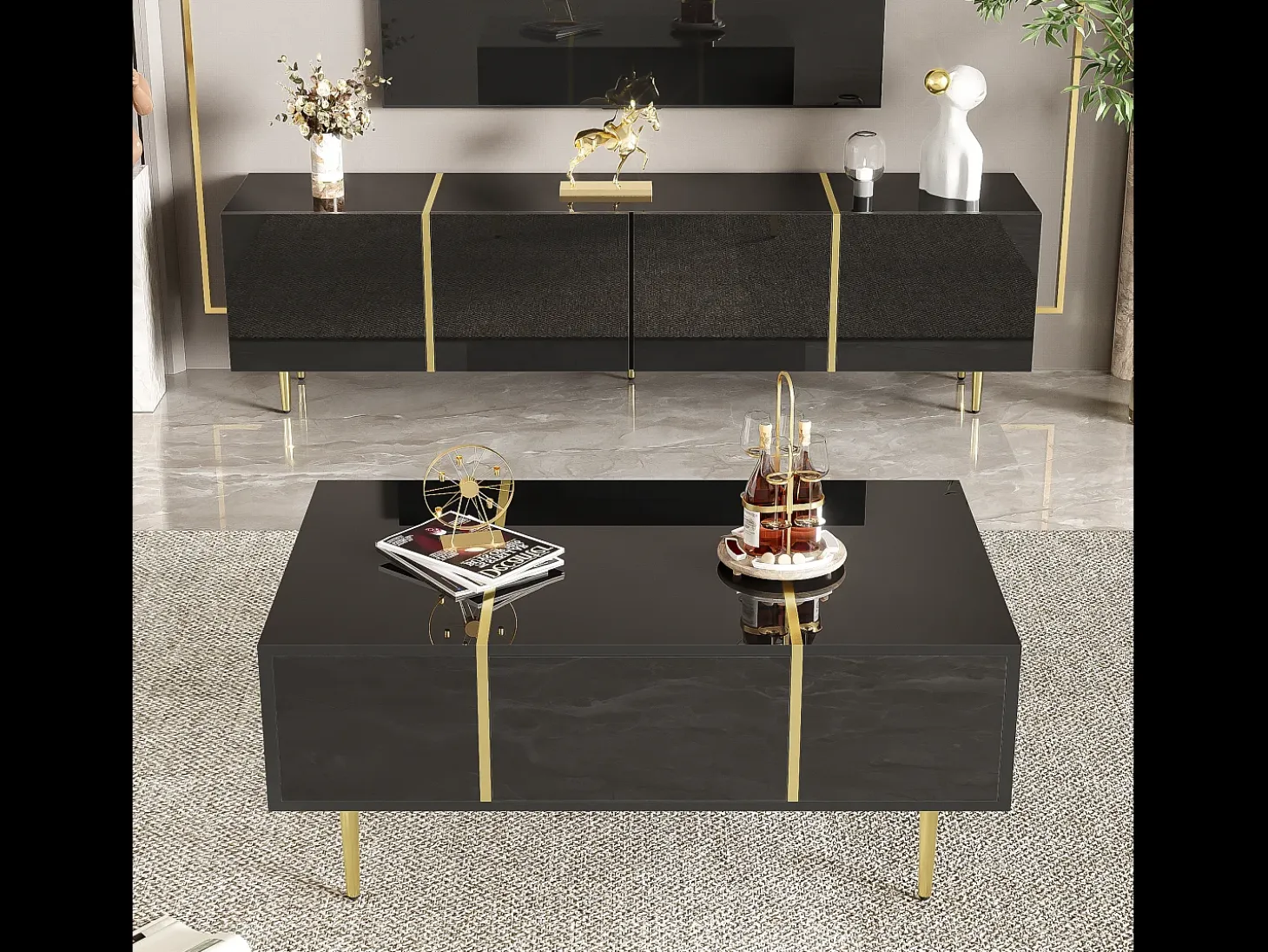 Conjunto moderno mueble TV y mesa de centro - 170 x 35 x 46 cm + 100 x 60 x 41,5 cm - Madera MDF y patas doradas - Negro brillante