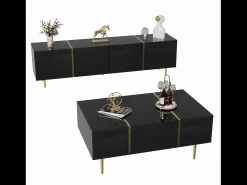 Conjunto moderno mueble TV y mesa de centro - 170 x 35 x 46 cm + 100 x 60 x 41,5 cm - Madera MDF y patas doradas - Negro brillante