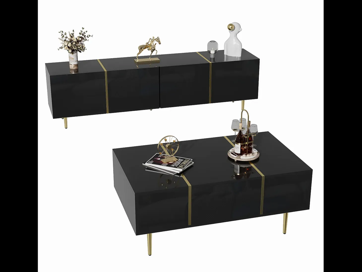Conjunto moderno mueble TV y mesa de centro - 170 x 35 x 46 cm + 100 x 60 x 41,5 cm - Madera MDF y patas doradas - Negro brillante
