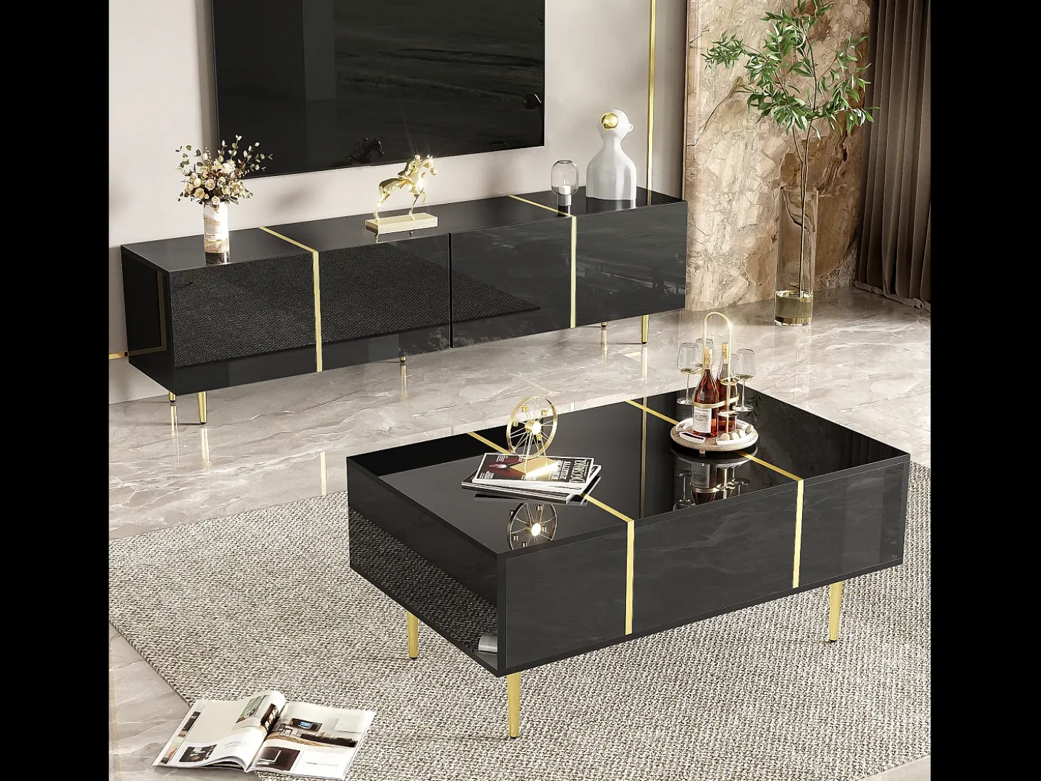 Conjunto moderno mueble TV y mesa de centro - 170 x 35 x 46 cm + 100 x 60 x 41,5 cm - Madera MDF y patas doradas - Negro brillante