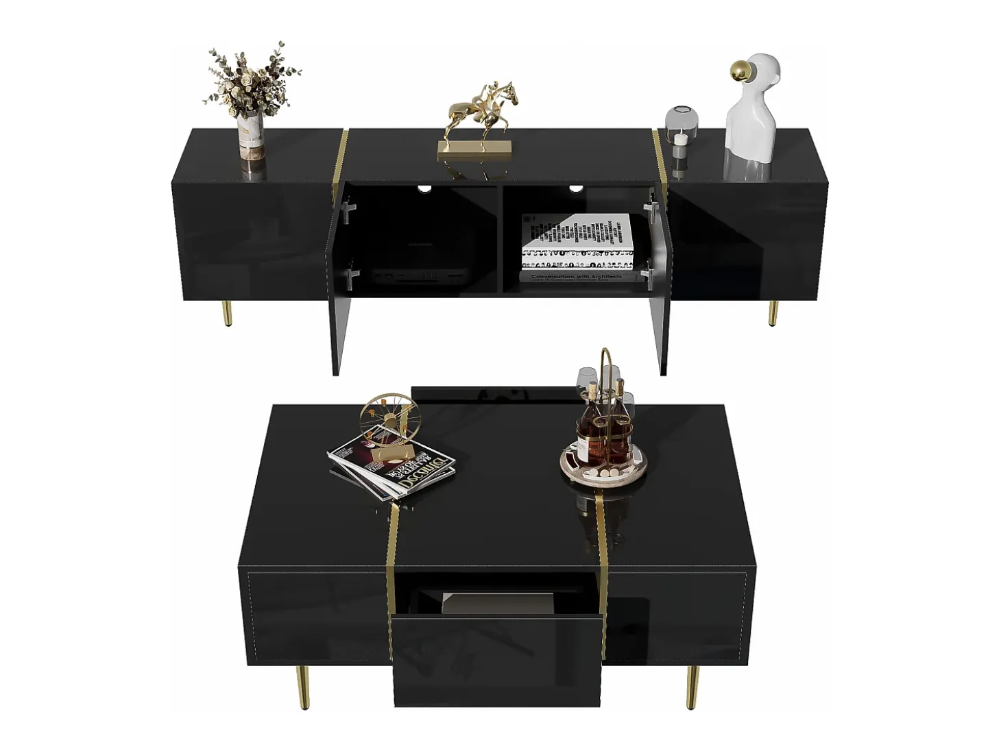 Conjunto moderno mueble TV y mesa de centro - 170 x 35 x 46 cm + 100 x 60 x 41,5 cm - Madera MDF y patas doradas - Negro brillante
