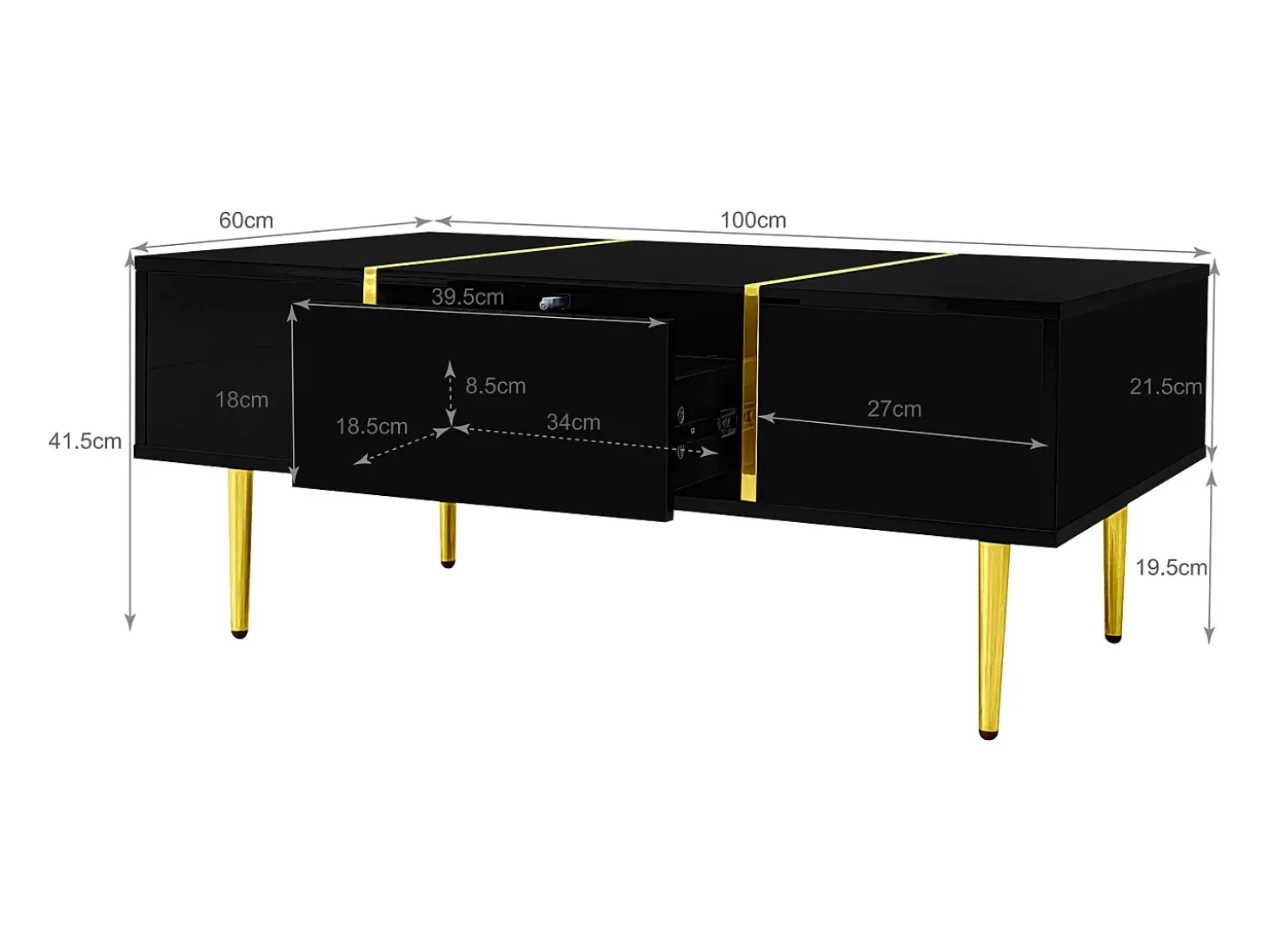 Conjunto moderno mueble TV y mesa de centro - 170 x 35 x 46 cm + 100 x 60 x 41,5 cm - Madera MDF y patas doradas - Negro brillante