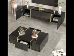 Conjunto moderno mueble TV y mesa de centro - 170 x 35 x 46 cm + 100 x 60 x 41,5 cm - Madera MDF y patas doradas - Negro brillante