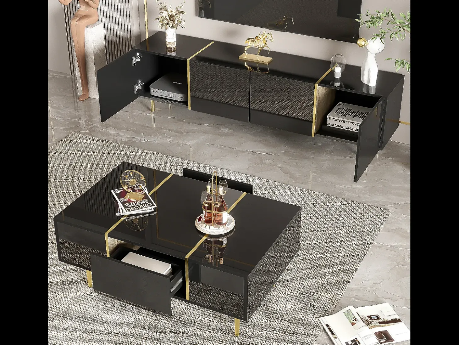 Conjunto moderno mueble TV y mesa de centro - 170 x 35 x 46 cm + 100 x 60 x 41,5 cm - Madera MDF y patas doradas - Negro brillante