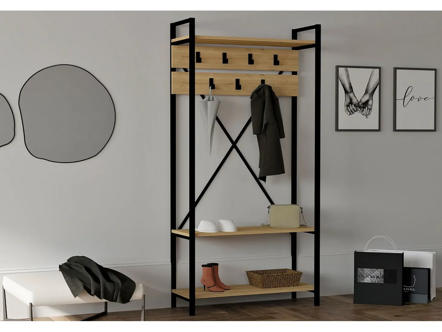 Conjunto pasillo Kailua 179, 180x90x30cm, Roble|Negro, Aglomerado laminado, Colocada