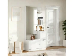 Conjunto perchero de entrada 85x40x180 cm - con espejo y 2 zapateras - 2 puertas - estantes abiertos - blanco