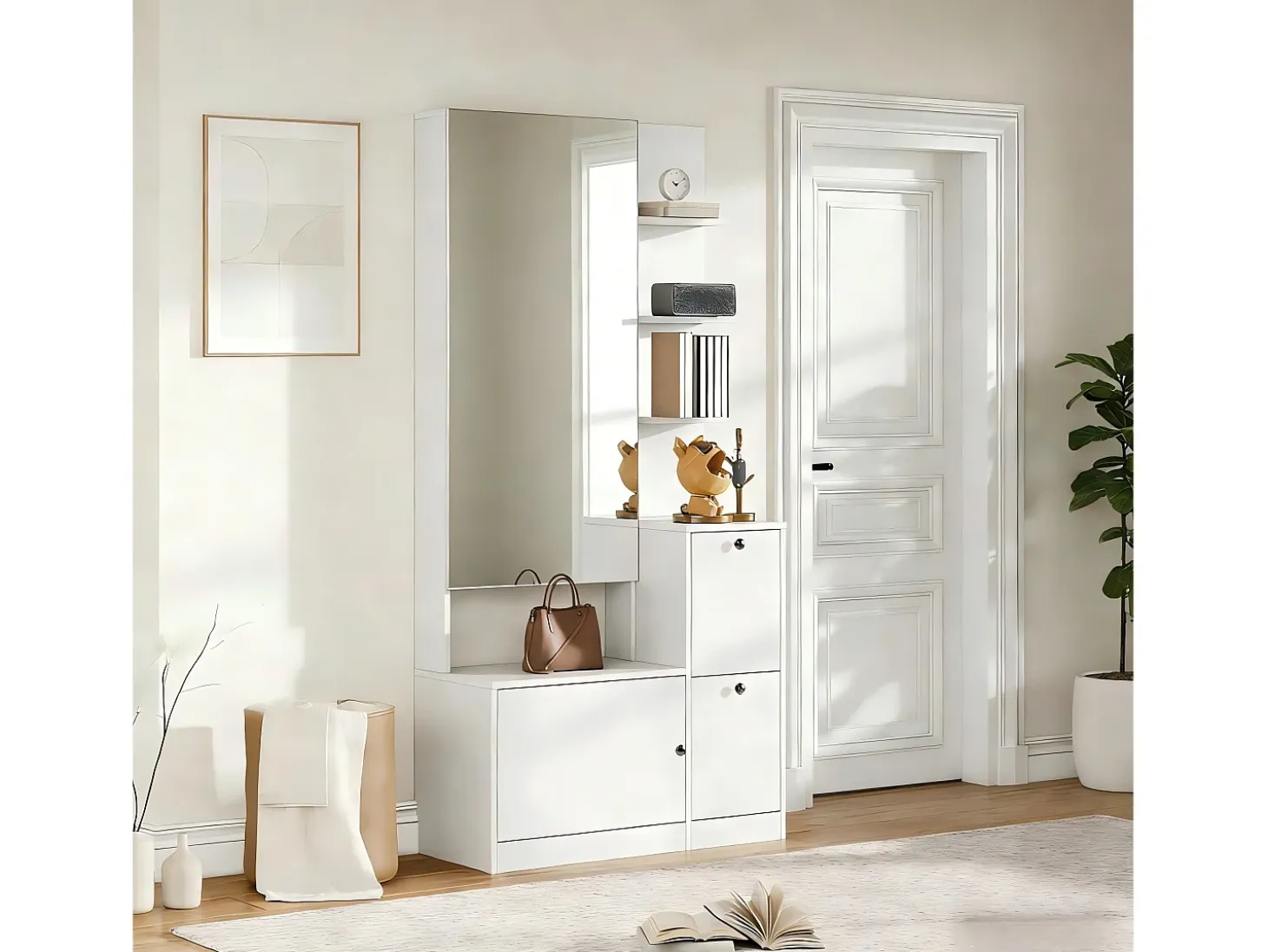 Conjunto perchero de entrada 85x40x180 cm - con espejo y 2 zapateras - 2 puertas - estantes abiertos - blanco