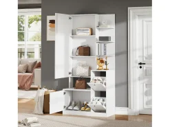 Conjunto perchero de entrada 85x40x180 cm - con espejo y 2 zapateras - 2 puertas - estantes abiertos - blanco