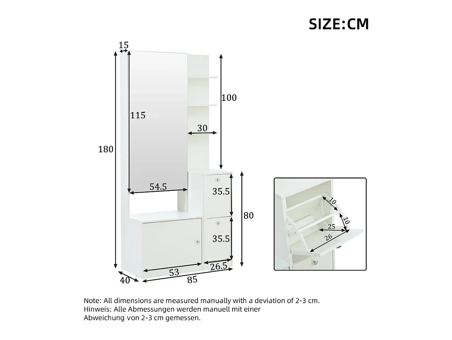 Conjunto perchero de entrada 85x40x180 cm - con espejo y 2 zapateras - 2 puertas - estantes abiertos - blanco