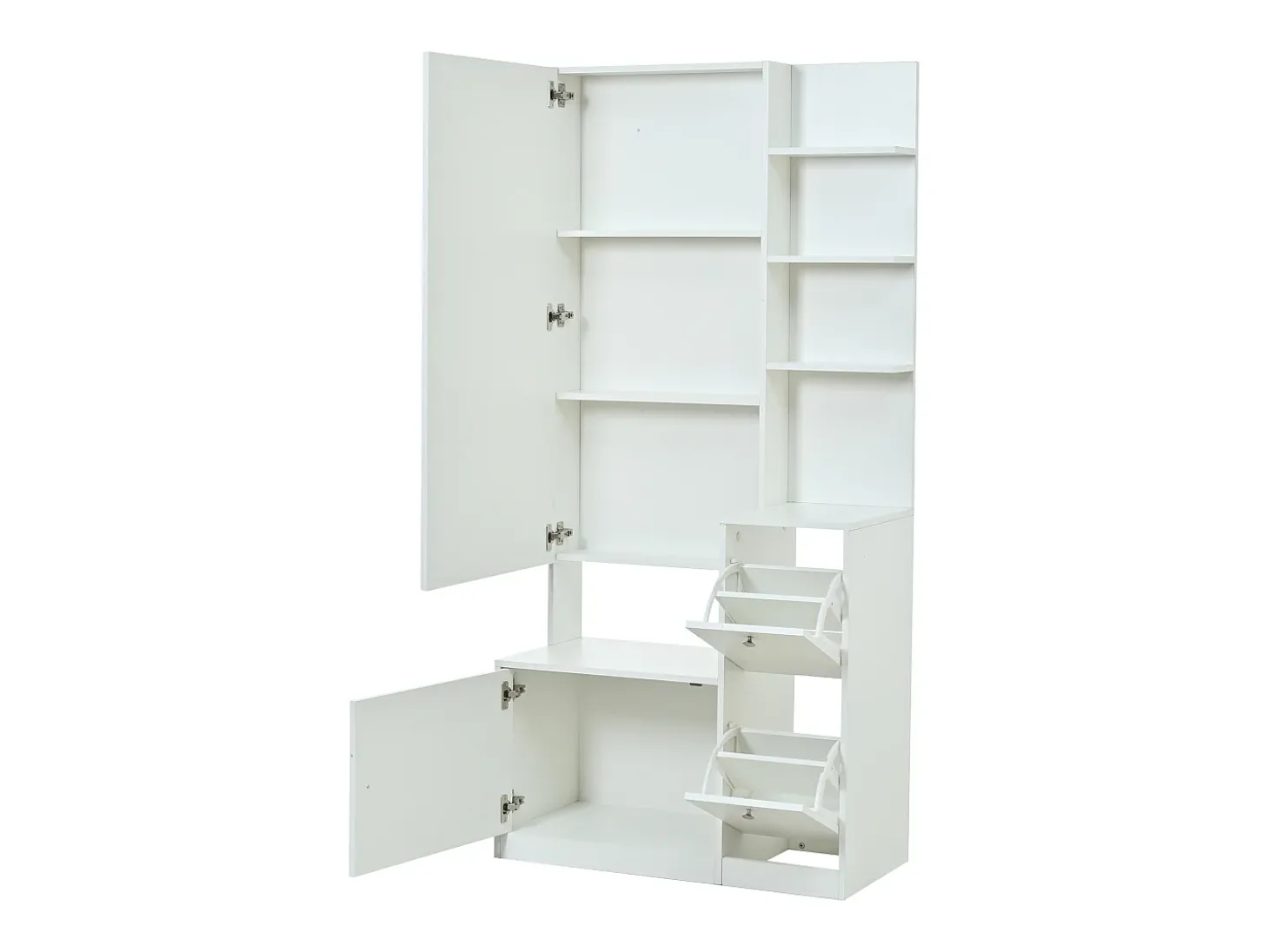 Conjunto perchero de entrada 85x40x180 cm - con espejo y 2 zapateras - 2 puertas - estantes abiertos - blanco