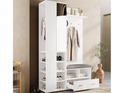 Conjunto vestidor de entrada 120x35x190cm - con 2 cajones y compartimentos de almacenamiento - con espejo y banco para zapatos - Blanco
