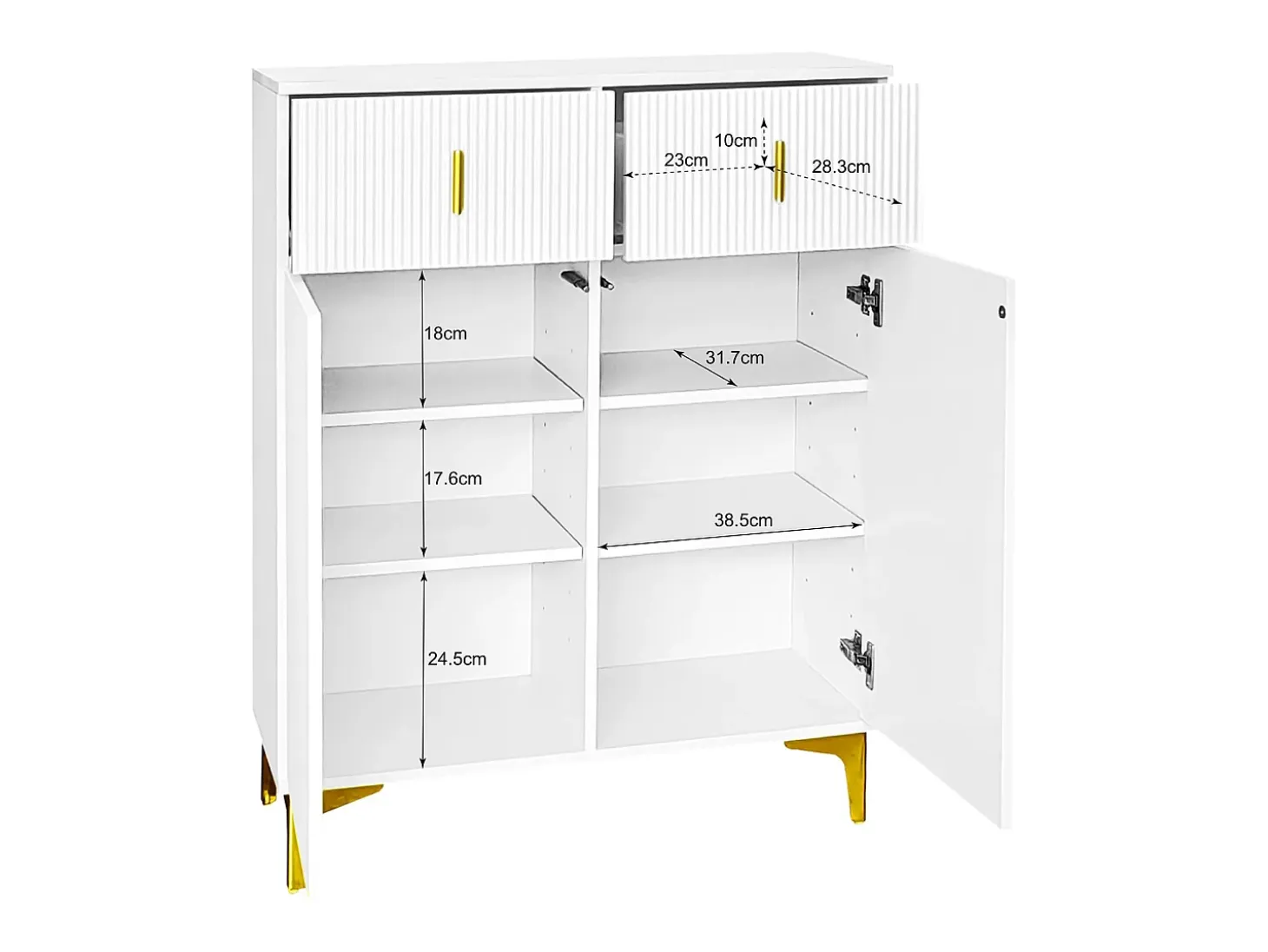 Conjunto zapatero y perchero - 4 puertas, 2 cajones, banco y ganchos - Blanco y dorado
