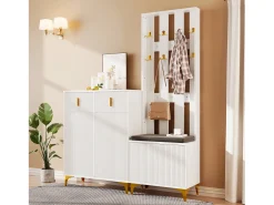 Conjunto zapatero y perchero - 4 puertas, 2 cajones, banco y ganchos - Blanco y dorado
