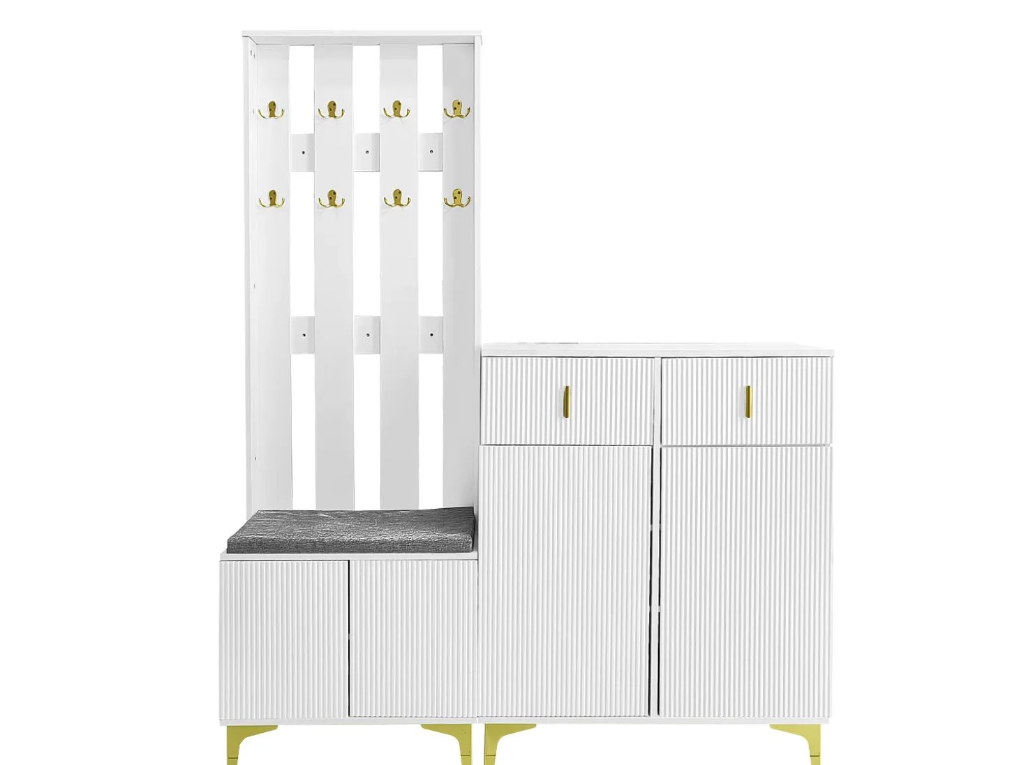 Conjunto zapatero y perchero - 4 puertas, 2 cajones, banco y ganchos - Blanco y dorado