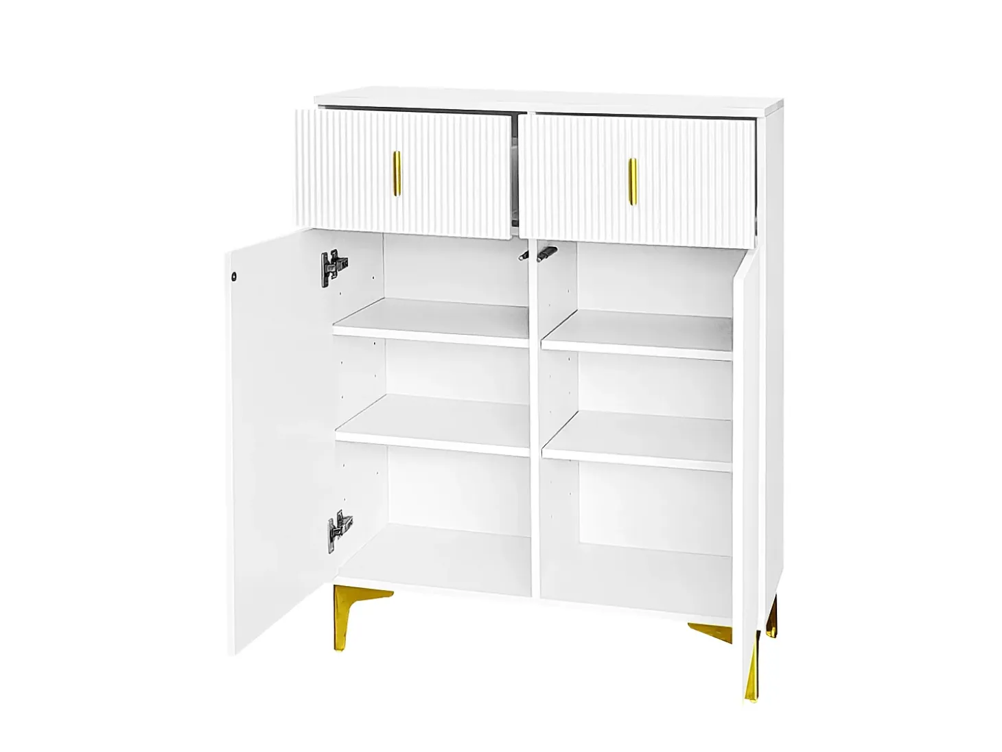 Conjunto zapatero y perchero - 4 puertas, 2 cajones, banco y ganchos - Blanco y dorado