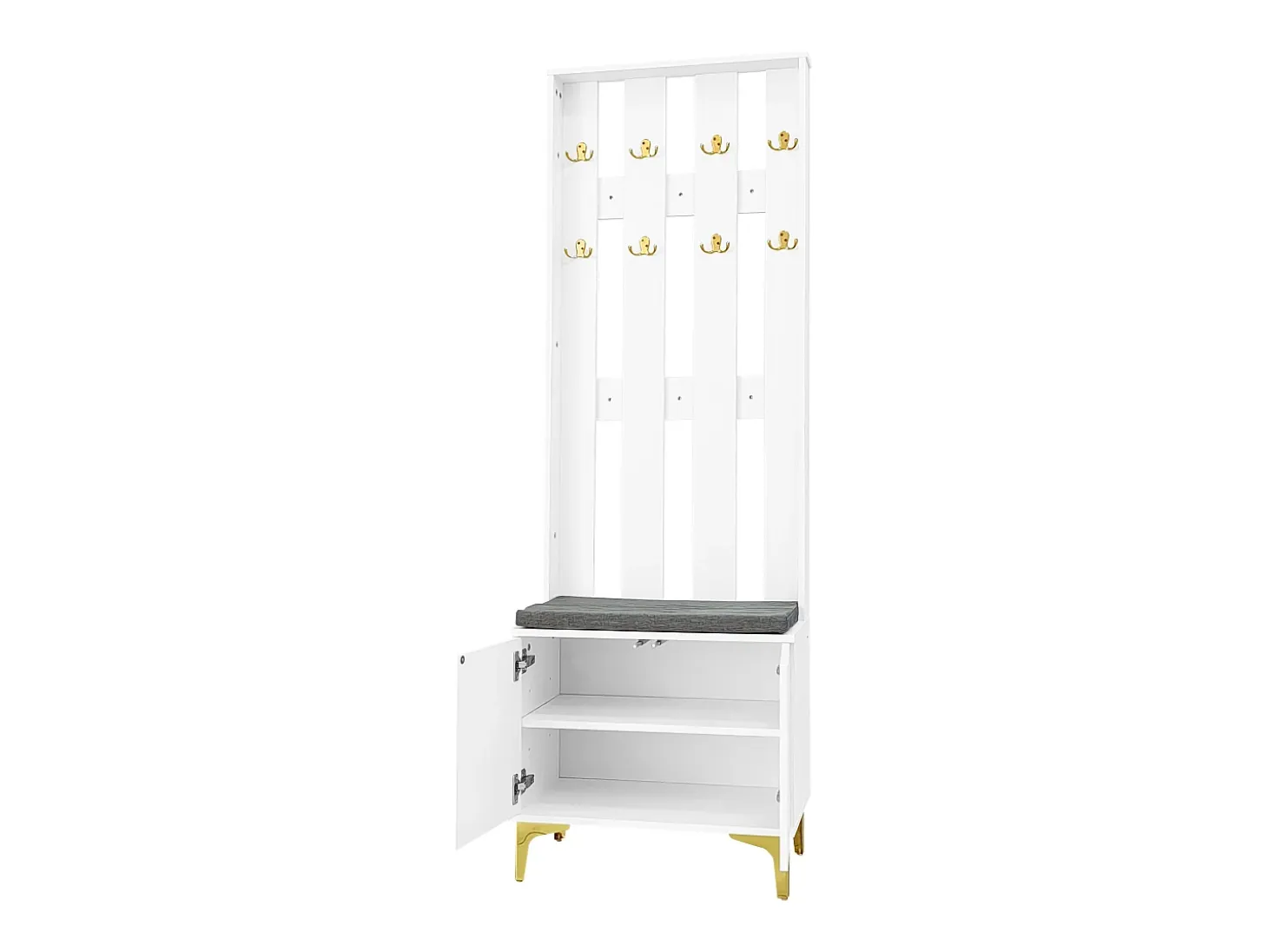 Conjunto zapatero y perchero - 4 puertas, 2 cajones, banco y ganchos - Blanco y dorado