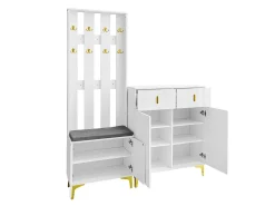 Conjunto zapatero y perchero - 4 puertas, 2 cajones, banco y ganchos - Blanco y dorado