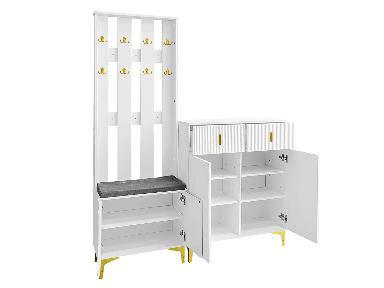Conjunto zapatero y perchero - 4 puertas, 2 cajones, banco y ganchos - Blanco y dorado