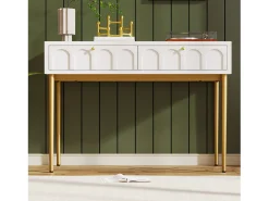 Consola con 2 cajones - Blanco leche y dorado - Madera y metal