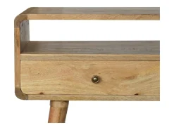 Consola curvada estilo roble Artisan Furniture, 2 cajones, 1 estante abierto, marrón claro