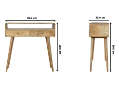 Consola curvada estilo roble Artisan Furniture, 2 cajones, 1 estante abierto, marrón claro