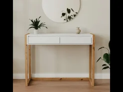 Consola de 2 cajones, decoración blanca y roble artesanal, L100 cm - NOVA