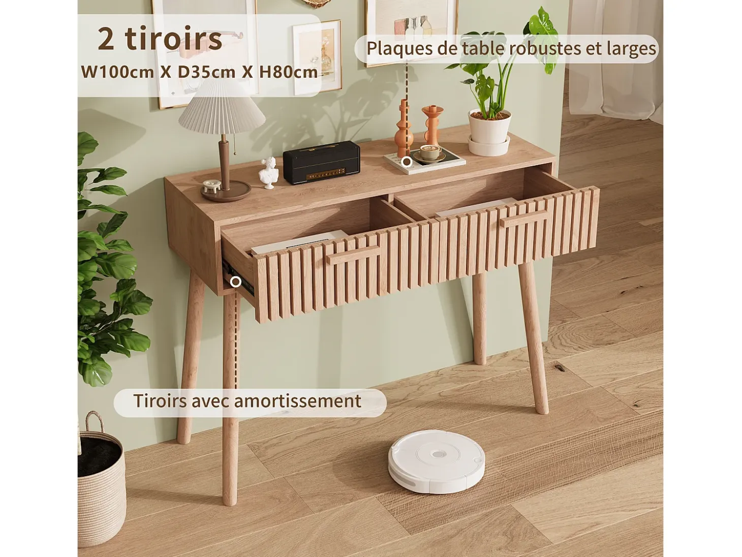 Consola de entrada moderna de madera marrón acanalada con asas altas y estrechas para sala de estar
