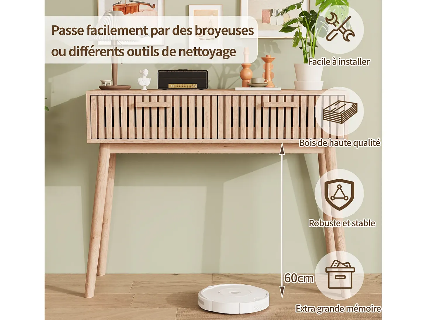 Consola de entrada moderna de madera marrón acanalada con asas altas y estrechas para sala de estar