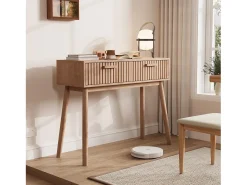 Consola de entrada moderna de madera marrón acanalada con asas altas y estrechas para sala de estar