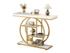 Consola de Estilo Industrial de 105 cm, con 4 Niveles y Base Circular, estrecha de Madera con Estantes de Almacenamiento (Blanco/Dorado)
