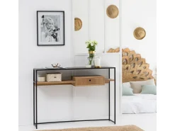 Consola de madera y metal Ortense con doble bandeja y cajón de almacenamiento