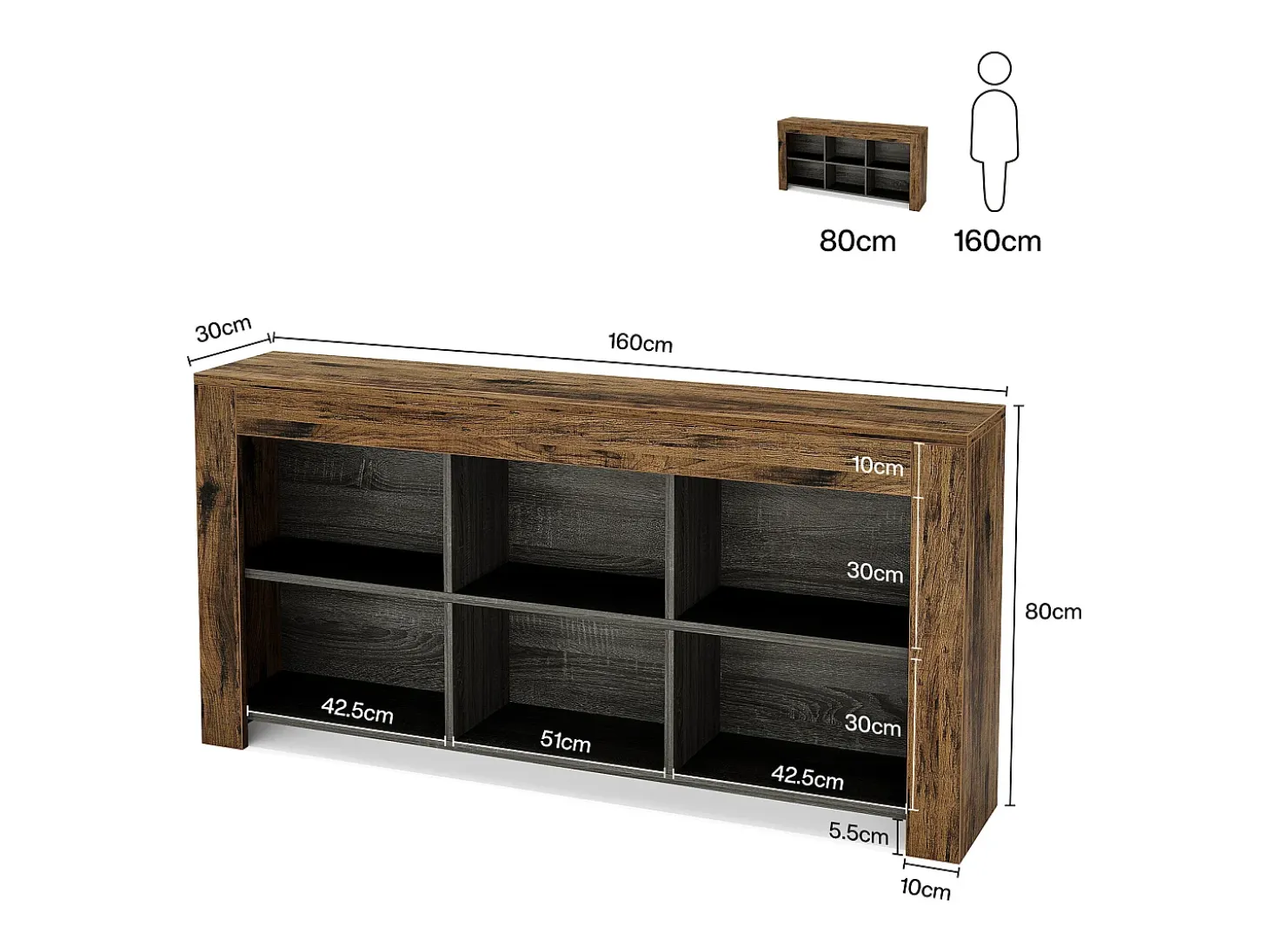 Consola de mesa de 160 cm de largo, mesa de entrada de madera rústica con 6 cubos de almacenamiento