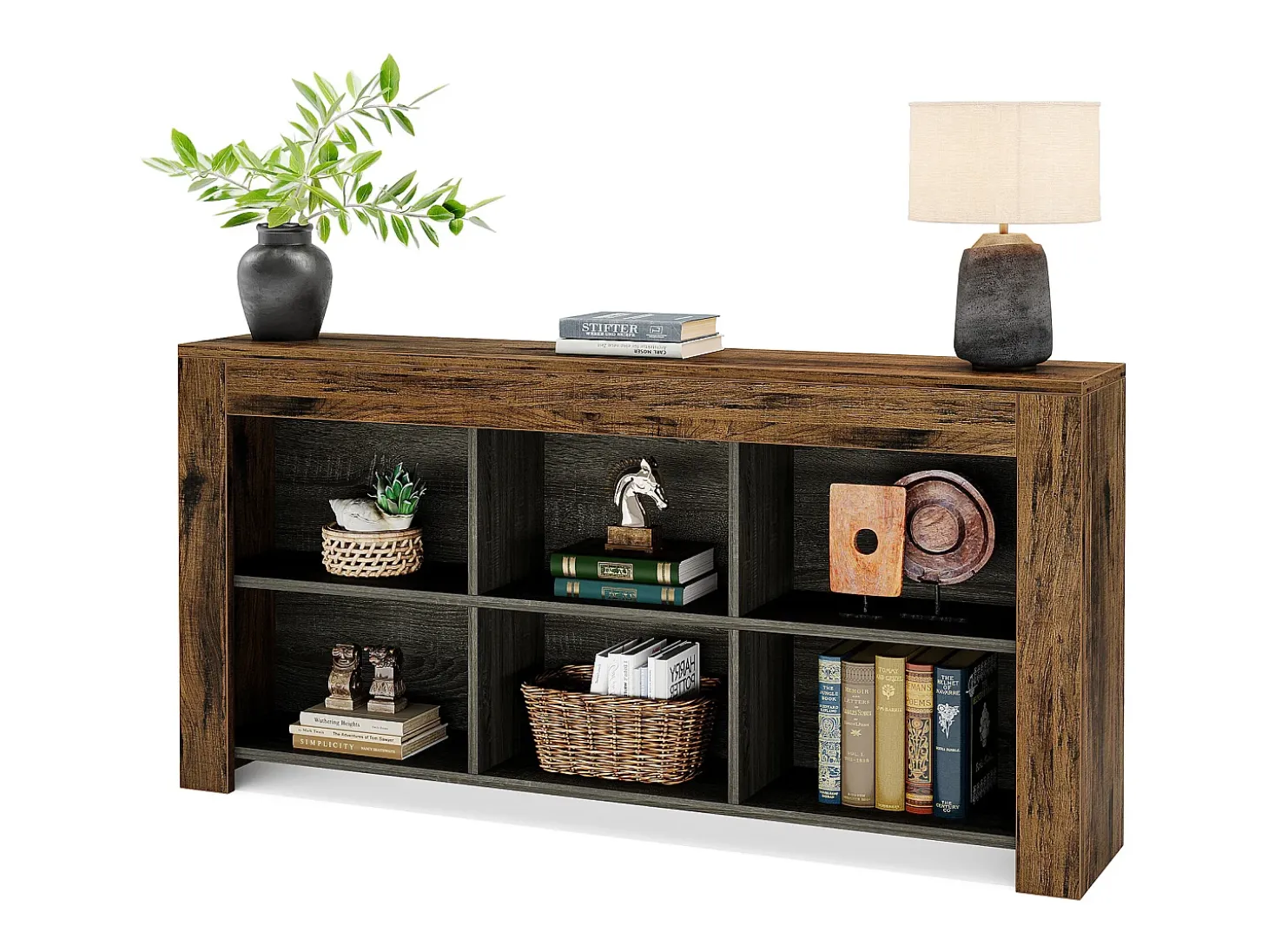 Consola de mesa de 160 cm de largo, mesa de entrada de madera rústica con 6 cubos de almacenamiento